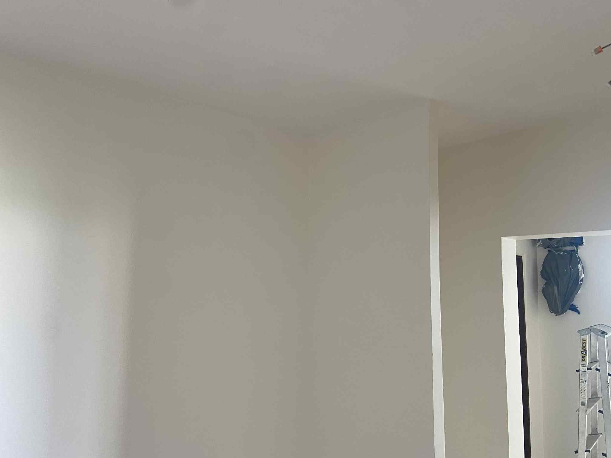 Jasnoszara, świeżo pomalowana ściana w pokoju, widoczna drabina i torba malarska w tle. Minimalistyczne wykończenie wnętrza po remoncie.