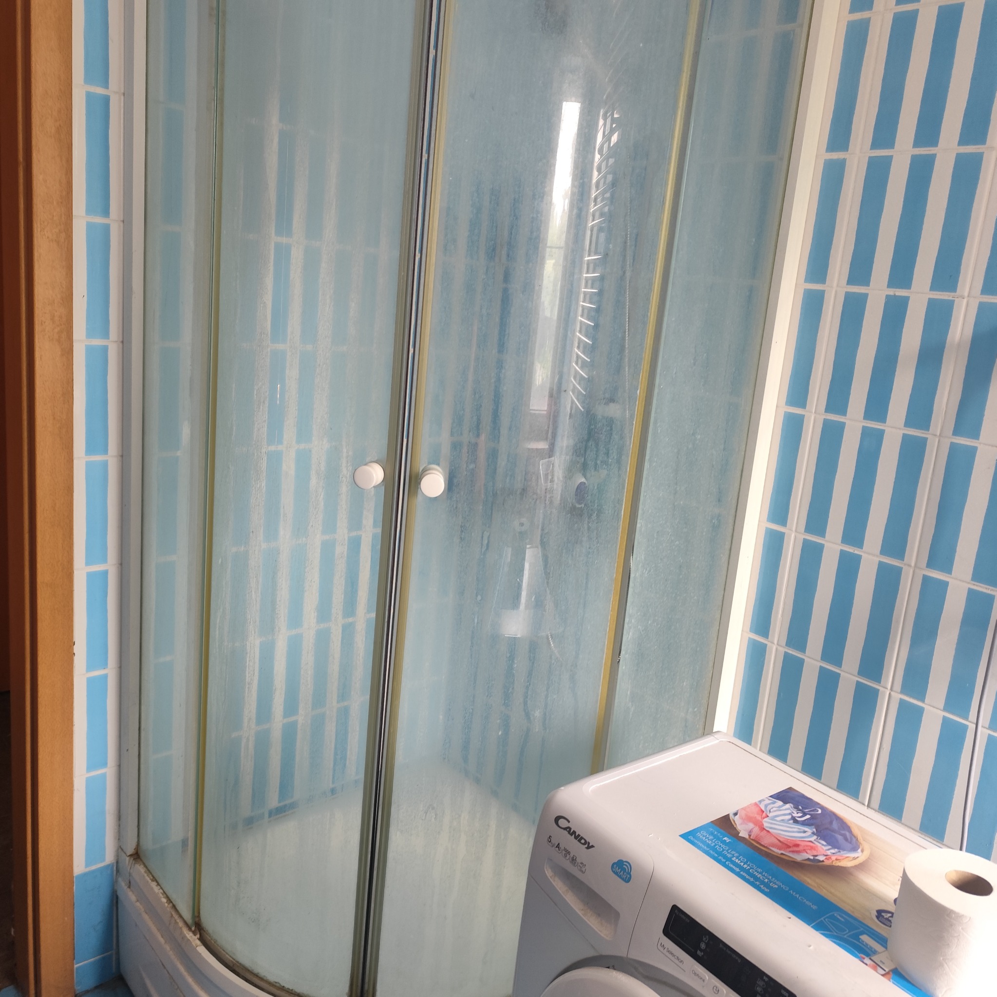 Zabrudzona kabina prysznicowa z osadem i zaciekami, widoczna obok pralka i niebiesko-białe płytki. Zaniedbana łazienka wymaga gruntownego czyszczenia.