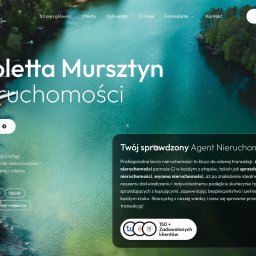 Webri - Profesjonalne Strony Internetowe - Strona internetowa biura nieruchomości z widokiem na jezioro. Logo firmy 'Wioletta Mursztyn Nieruchomości', przyciski nawigacyjne i hasło 'Twój sprawdzony Agent Nieruchomości!'.