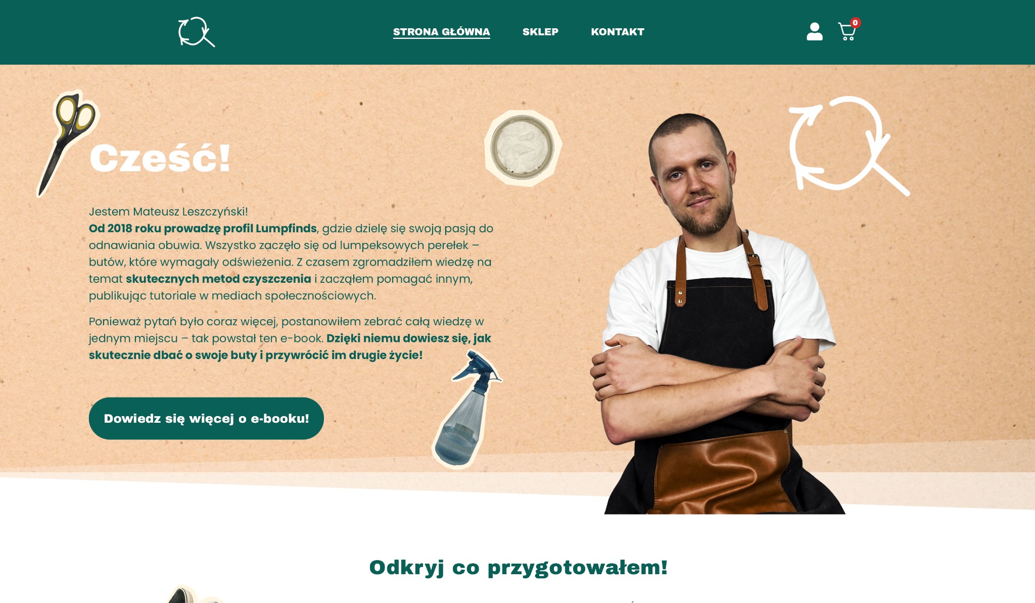 Strona internetowa z mężczyzną w fartuchu, ofertą e-booka o renowacji obuwia, ikonami i hasłem 'Odkryj co przygotowałem!'