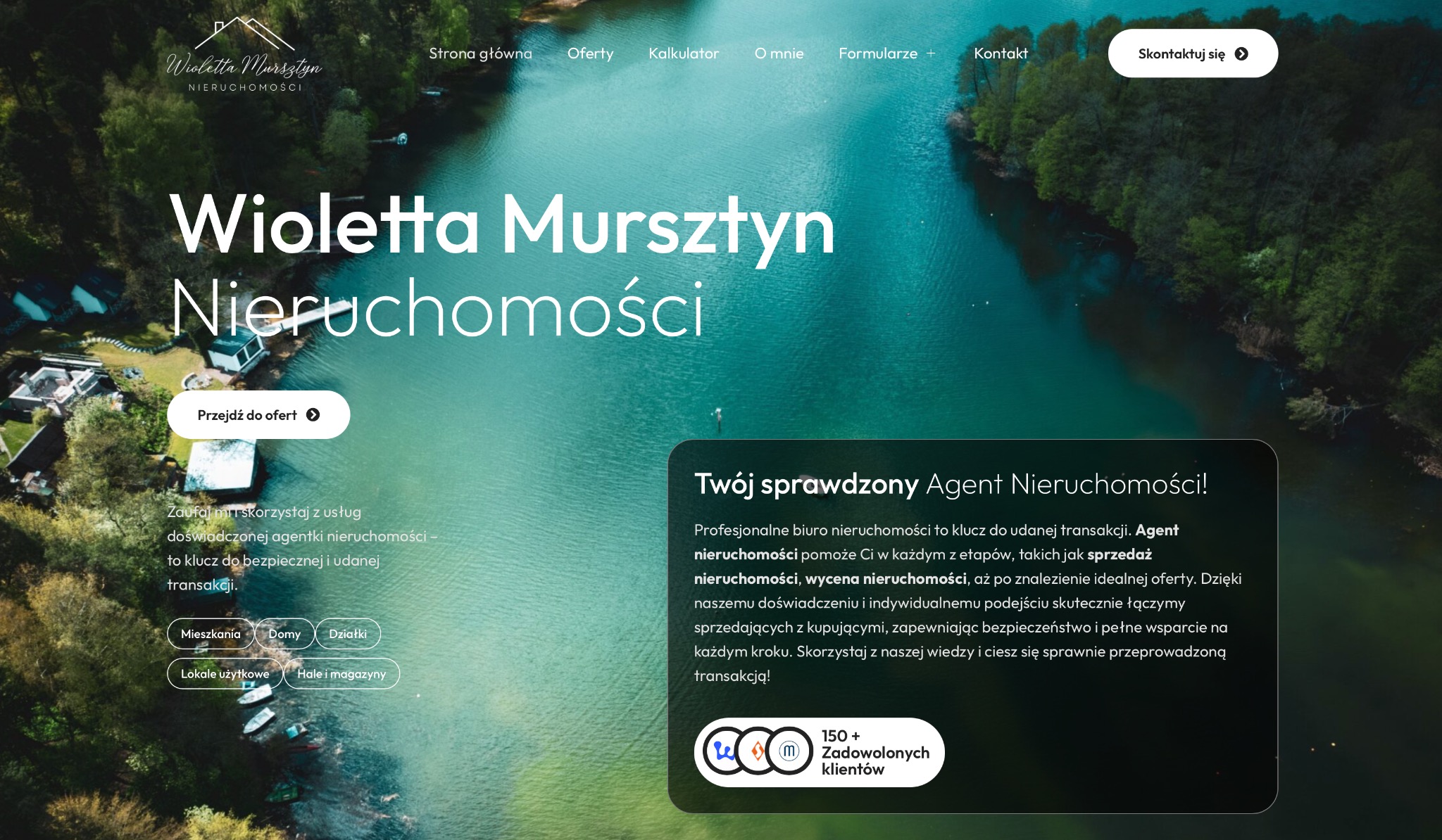 Strona internetowa biura nieruchomości z widokiem na jezioro. Logo firmy 'Wioletta Mursztyn Nieruchomości', przyciski nawigacyjne i hasło 'Twój sprawdzony Agent Nieruchomości!'.