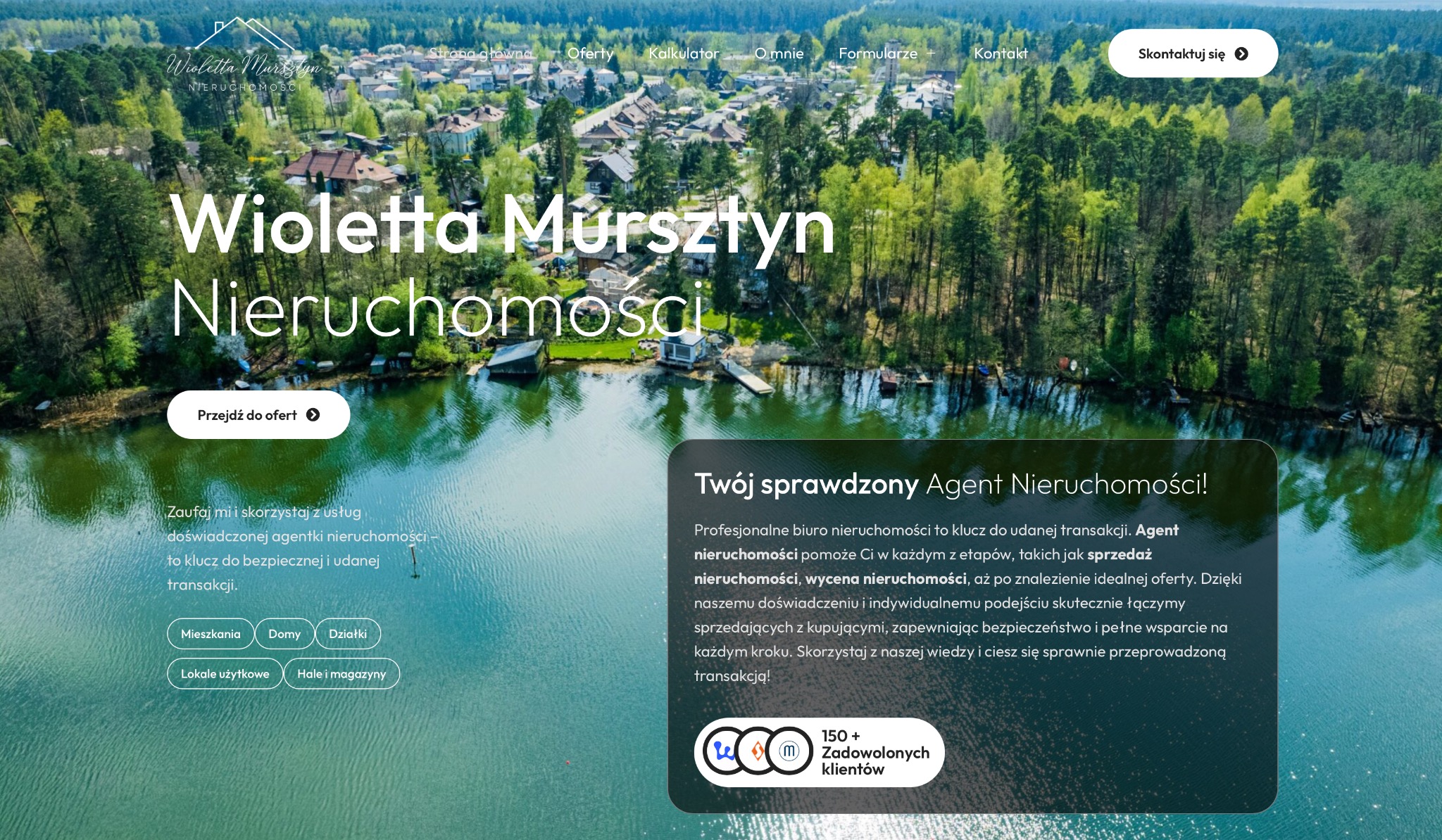 Strona internetowa biura nieruchomości z widokiem na jezioro i las. Logo firmy w lewym górnym rogu, hasło: 'Twój sprawdzony Agent Nieruchomości!'