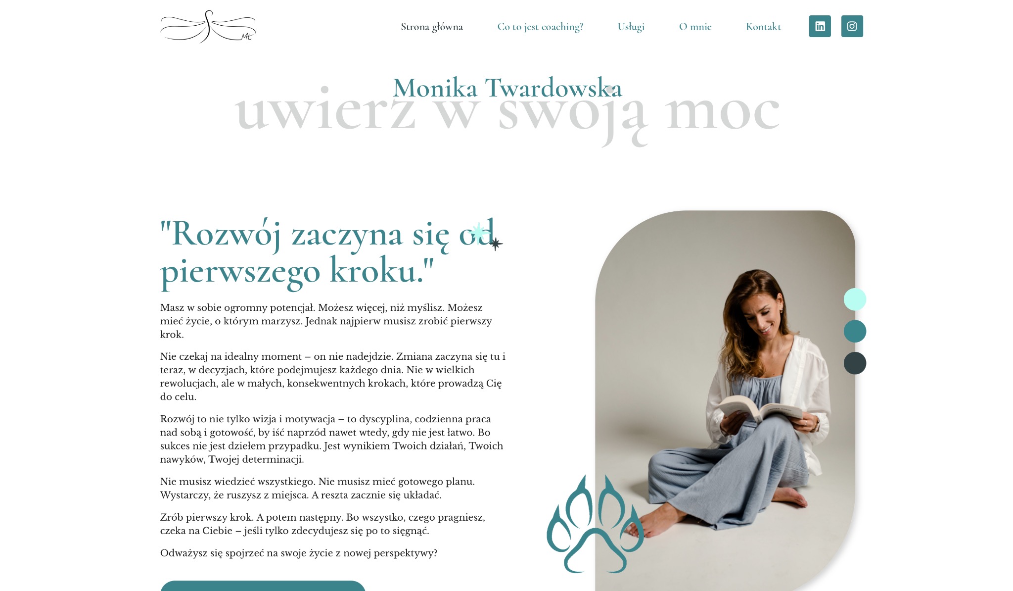 Strona internetowa z sylwetką kobiety czytającej książkę, hasłem 'uwierz w swoją moc' i menu nawigacyjnym w górnej części. Stonowana kolorystyka i minimalistyczny design.