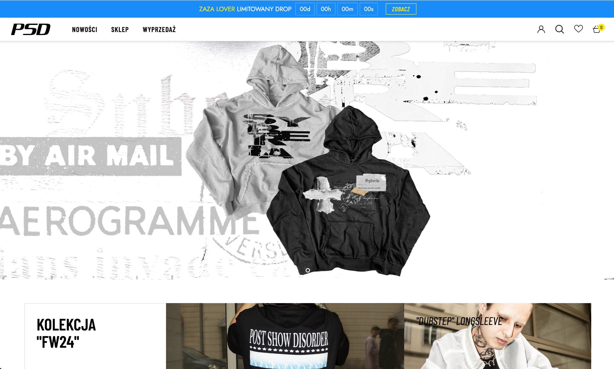 Strona internetowa sklepu odzieżowego z bluzami z kapturem. Szara i czarna bluza z unikalnymi nadrukami na tle elementów graficznych strony. Kolekcja FW24.