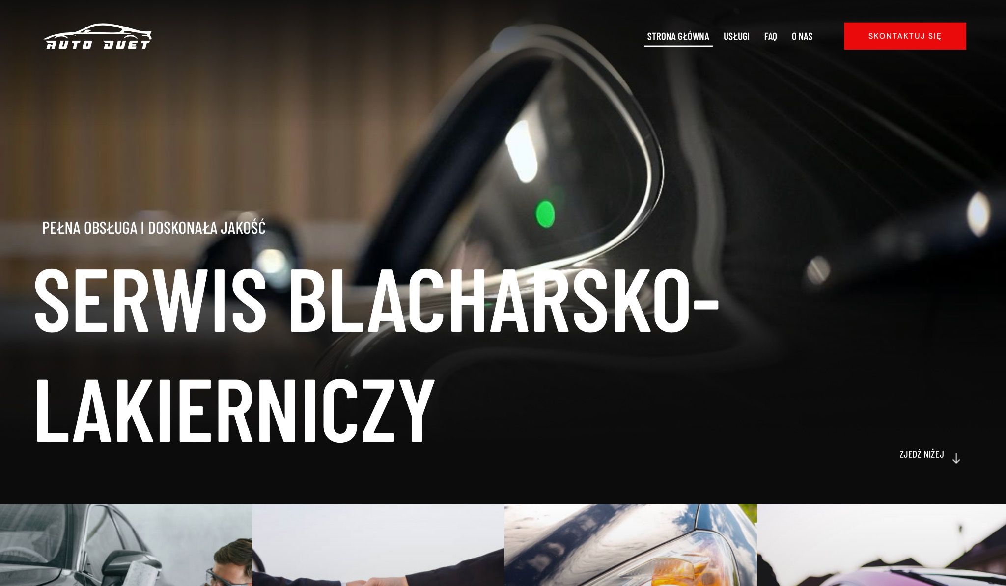 Strona internetowa serwisu blacharsko-lakierniczego Auto Duet z czarnym autem w tle. Napis: Serwis blacharsko-lakierniczy. Pełna obsługa i doskonała jakość.