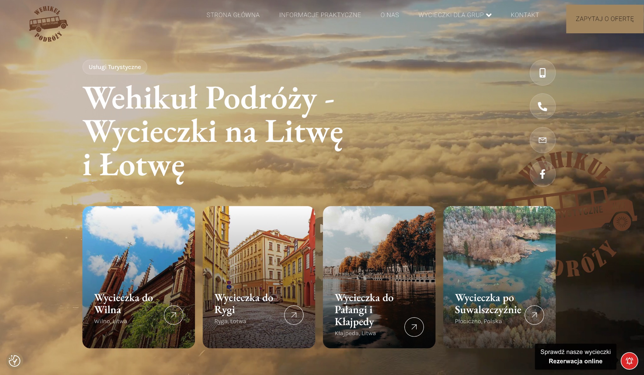 Strona internetowa firmy turystycznej z ofertą wycieczek do Wilna, Rygi, Kłajpedy i po Suwalszczyźnie. W tle chmury i logo firmy w formie autobusu.