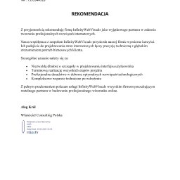 W ramach naszej współpracy firma Consulting Polska nie tylko powierzyła nam kompleksową obsługę swojej strony internetowej, ale również doceniła naszą pracę, wystawiając oficjalną rekomendację.