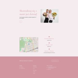 InfinityWebVisuals Krzysztof Kamiński - Strona kontaktowa kwiaciarni Kubuś z mapą, telefonem i adresem. Dwie kobiety z bukietami kwiatów. Jasny, minimalistyczny design, czytelny układ informacji.