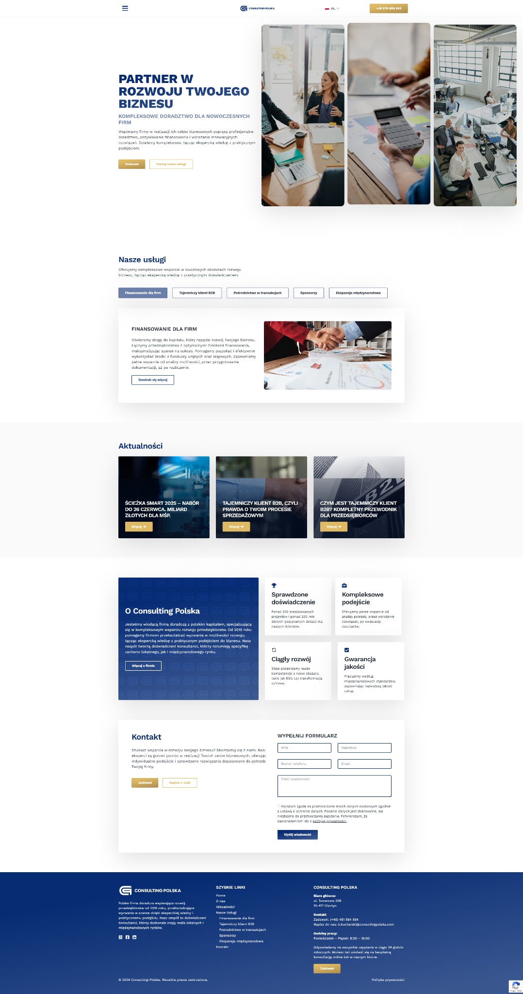 Strona internetowa firmy Consulting Polska z ofertą doradztwa biznesowego, aktualnościami i formularzem kontaktowym. Widoczne zdjęcia zespołu i elementy identyfikacji wizualnej.