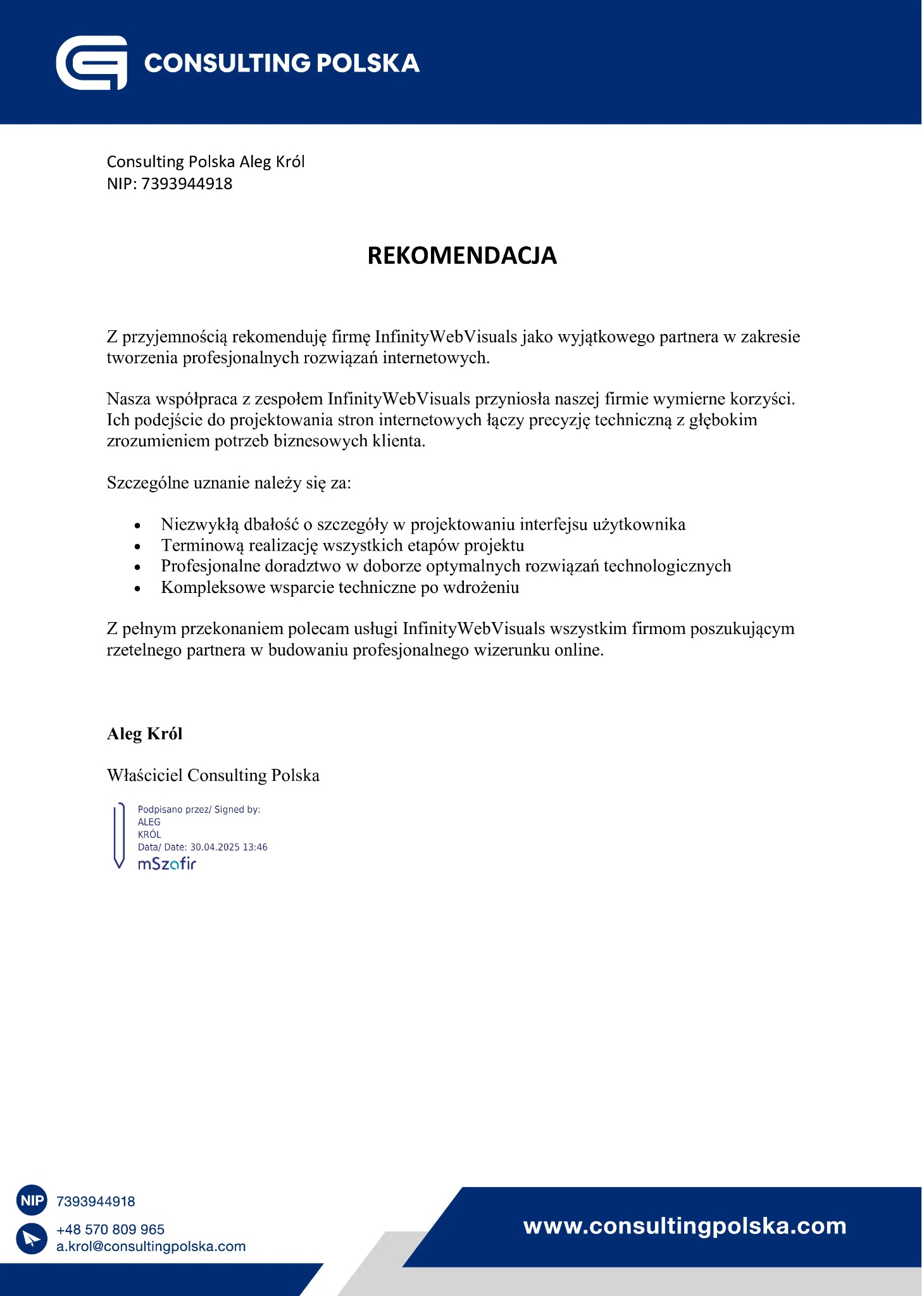 Rekomendacja dla InfinityWebVisuals od Consulting Polska, potwierdzająca profesjonalizm w tworzeniu rozwiązań internetowych i dbałość o klienta.