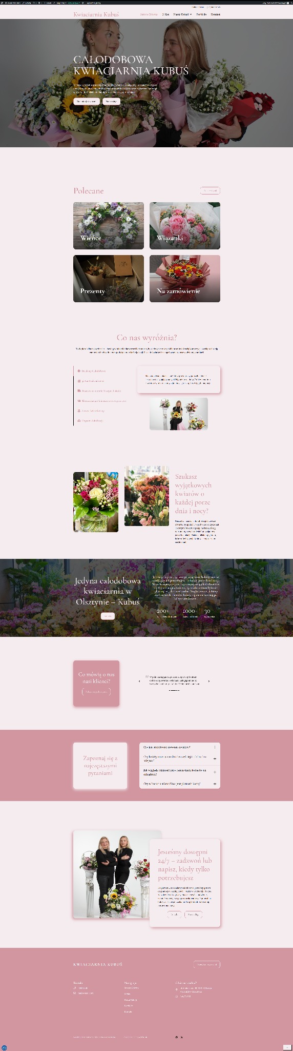 Zrzut ekranu strony internetowej kwiaciarni Kubuś, prezentujący układ strony głównej z ofertą usług florystycznych, zdjęciami kwiatów i informacjami kontaktowymi.