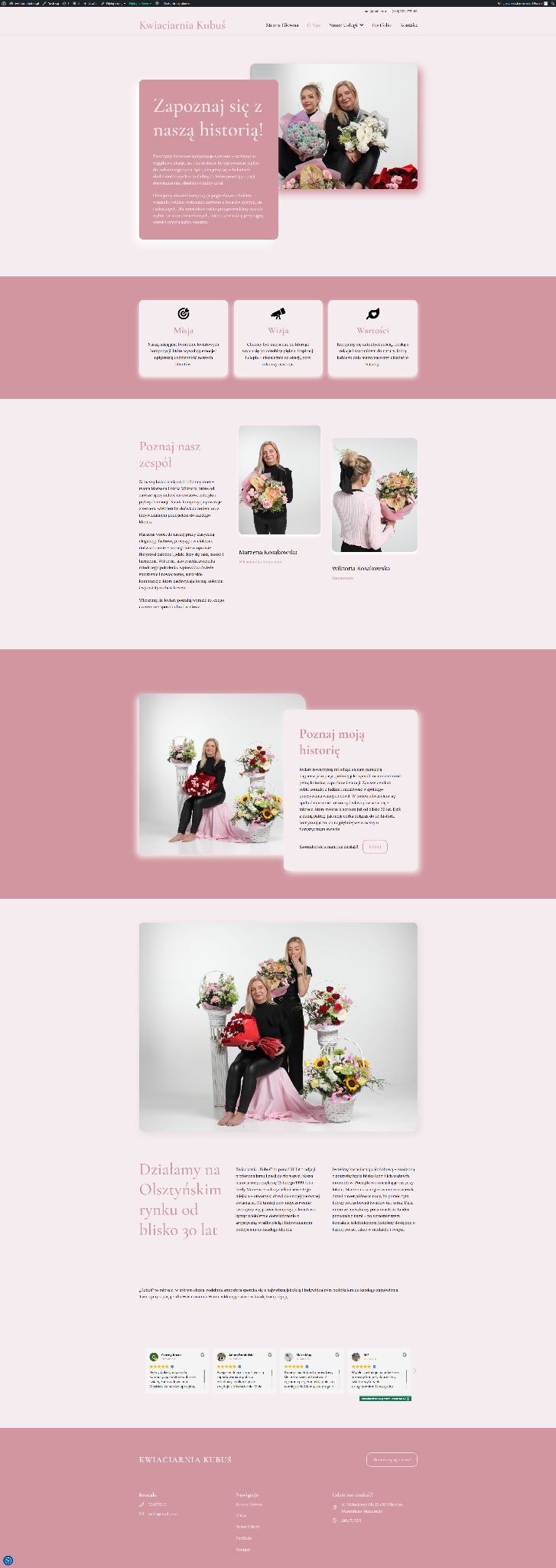 Zrzut ekranu strony internetowej kwiaciarni Kubuś, prezentujący historię firmy, zespół i ofertę, z pastelową kolorystyką i zdjęciami kompozycji kwiatowych.
