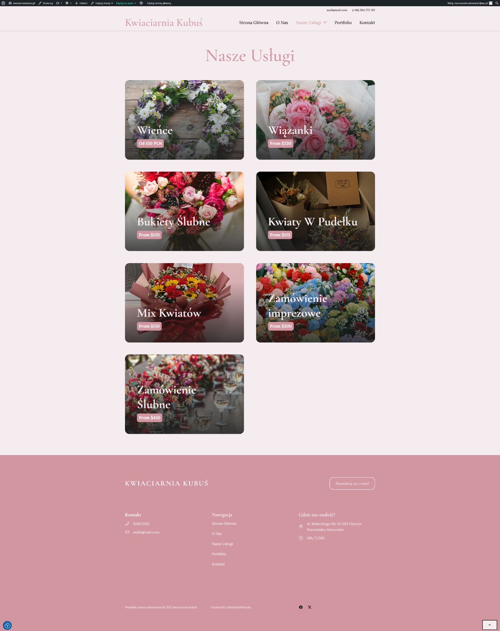 Zrzut ekranu strony internetowej kwiaciarni Kubuś prezentujący ofertę: wieńce, wiązanki, bukiety ślubne, kwiaty w pudełku, mix kwiatów i zamówienia imprezowe.