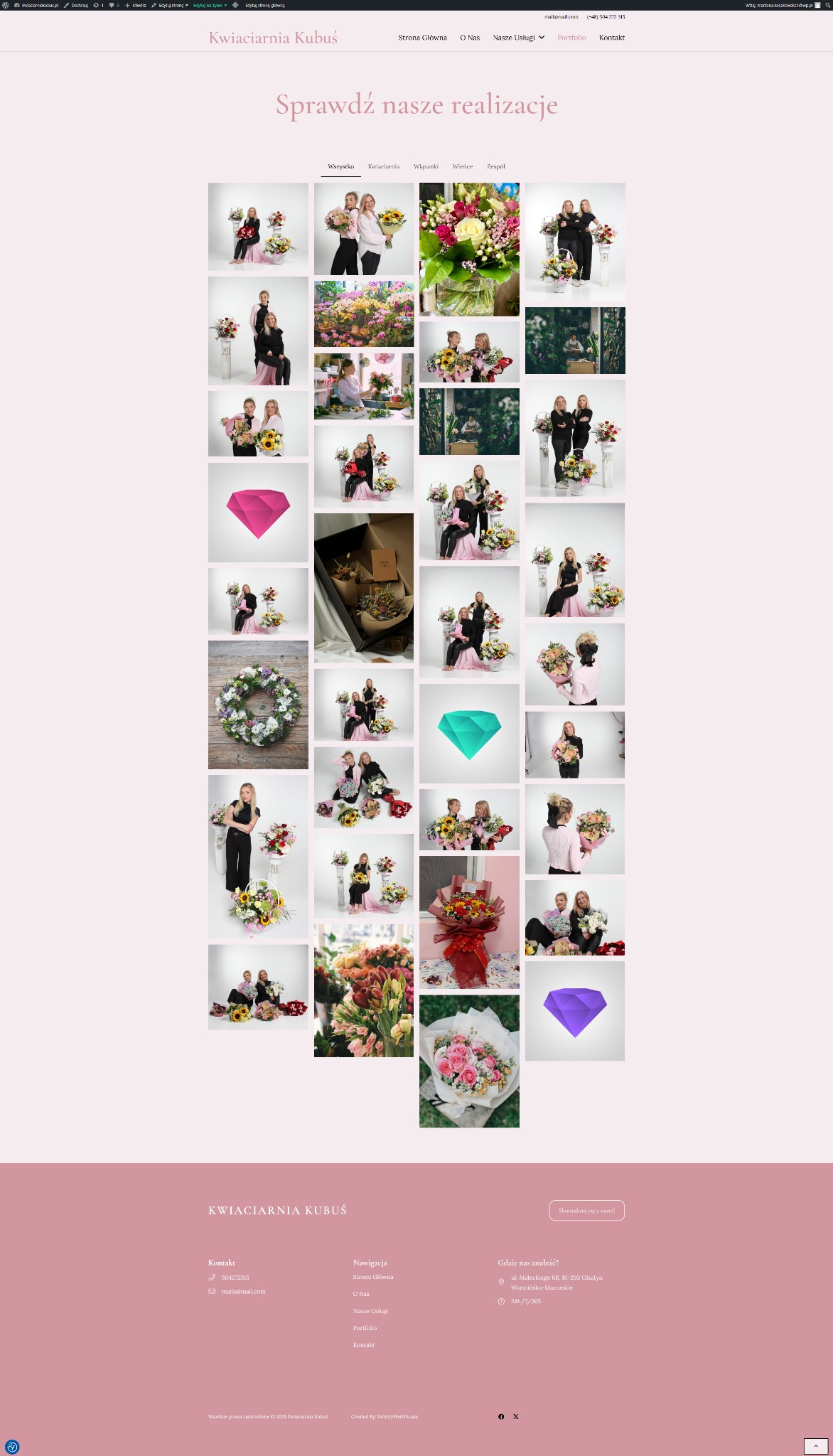 Galeria realizacji kwiaciarni Kubuś na stronie internetowej. Prezentacja różnorodnych kompozycji kwiatowych, bukietów i dekoracji.