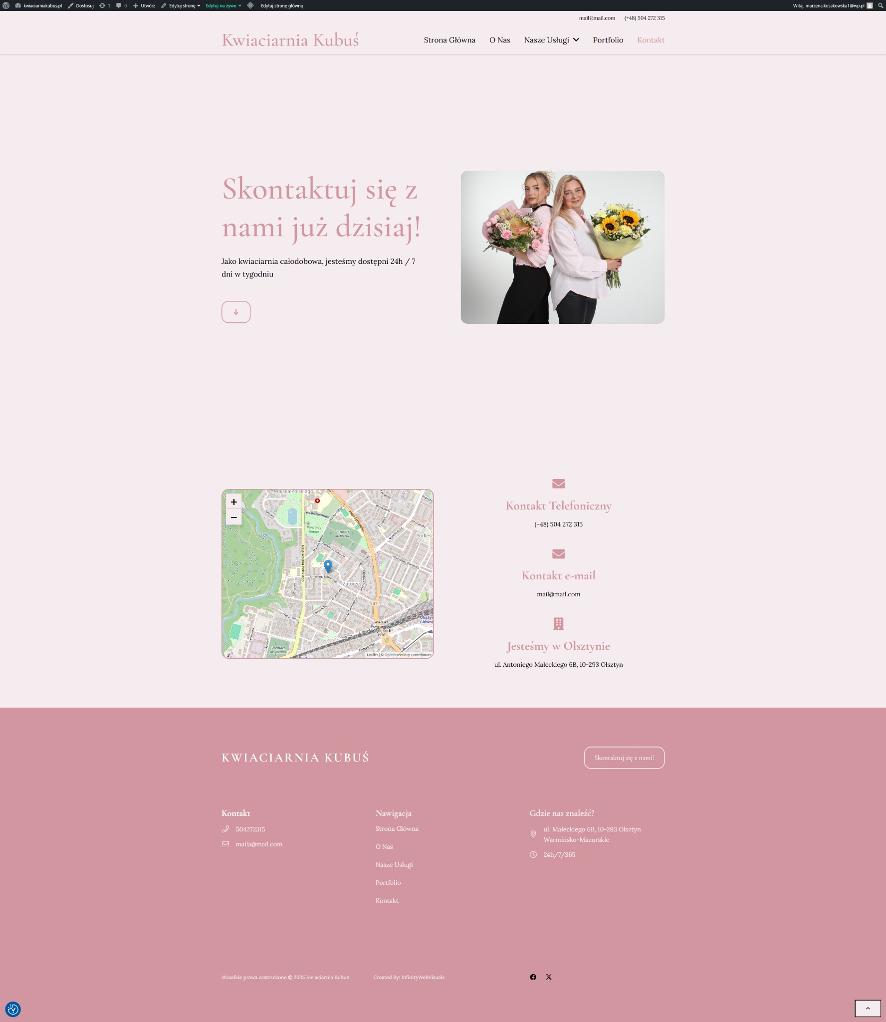 Strona kontaktowa kwiaciarni Kubuś z mapą, telefonem i adresem. Dwie kobiety z bukietami kwiatów. Jasny, minimalistyczny design, czytelny układ informacji.