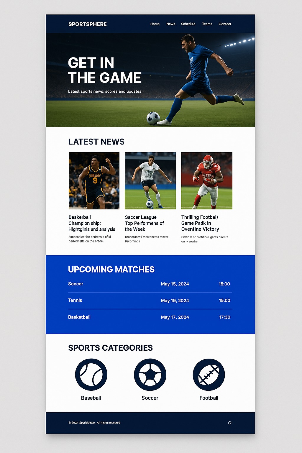 Projekt strony internetowej o tematyce sportowej z sekcjami aktualności, nadchodzących meczów i kategorii sportowych, utrzymany w ciemnej kolorystyce z akcentami niebieskiego.