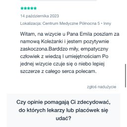 FIZJOTERAPIA&OSTEOPATIA Emil Jabłoński - Zrzut ekranu opinii Eweliny Polesiak z 14 października 2023 roku, z 5 gwiazdkami, polecającej wizytę u Pana Emila w Centrum Medycznym Północna 5.