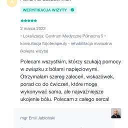 FIZJOTERAPIA&OSTEOPATIA Emil Jabłoński - Zrzut ekranu z pozytywną opinią pacjentki Adrianny Szczuchniak o fizjoterapeucie Emilu Jabłońskim, dotyczącą konsultacji i rehabilitacji manualnej.