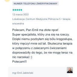 FIZJOTERAPIA&OSTEOPATIA Emil Jabłoński - Opinia zadowolonej klientki, Magdaleny, o specjaliście Emilu Jabłońskim. Pięć gwiazdek, pozytywny tekst o skutecznej terapii i pozbyciu się bólu kręgosłupa.