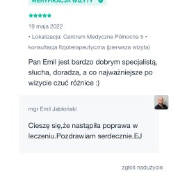 FIZJOTERAPIA&OSTEOPATIA Emil Jabłoński - Zrzut ekranu z opiniami pacjentów o konsultacji fizjoterapeutycznej i pozytywnych efektach leczenia w Centrum Medycznym Północna 5.