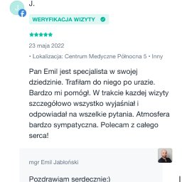 FIZJOTERAPIA&OSTEOPATIA Emil Jabłoński - Opinie klientów dla mgr. Emila Jabłońskiego, z oceną 5 gwiazdek i pozytywnymi komentarzami o wizycie w Centrum Medycznym Północna 5.