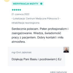 FIZJOTERAPIA&OSTEOPATIA Emil Jabłoński - Ekran telefonu z recenzjami usług Emila Jabłońskiego, w tym pozytywna opinia o rehabilitacji neurologicznej i konsultacji fizjoterapeutycznej.