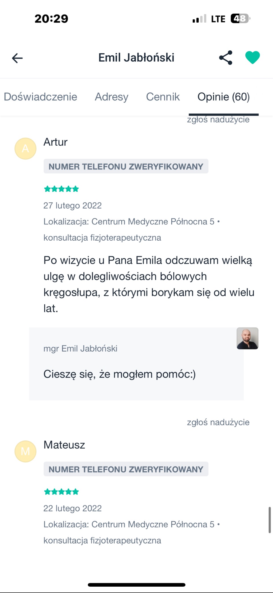 Opinie klientów o fizjoterapeucie Emilu Jabłońskim, potwierdzające skuteczność konsultacji w Centrum Medycznym Północna 5. Pozytywne recenzje bólu kręgosłupa.