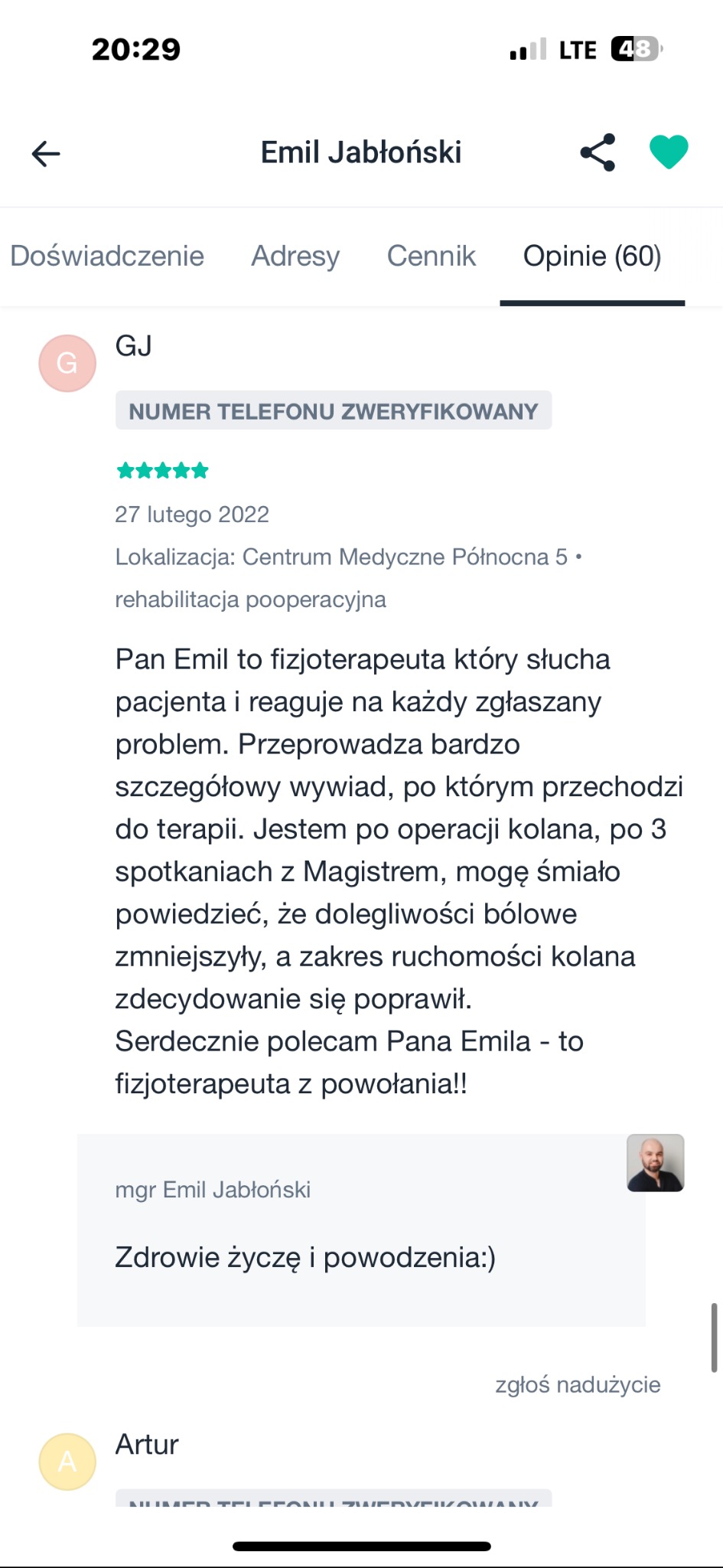 Opinia pacjenta o fizjoterapeucie Emilu Jabłońskim, zadowolony z rehabilitacji pooperacyjnej kolana. Polecenie z imieniem i nazwiskiem fizjoterapeuty.