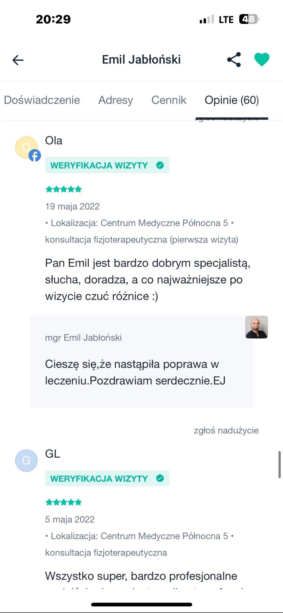Zrzut ekranu z opiniami pacjentów o konsultacji fizjoterapeutycznej i pozytywnych efektach leczenia w Centrum Medycznym Północna 5.