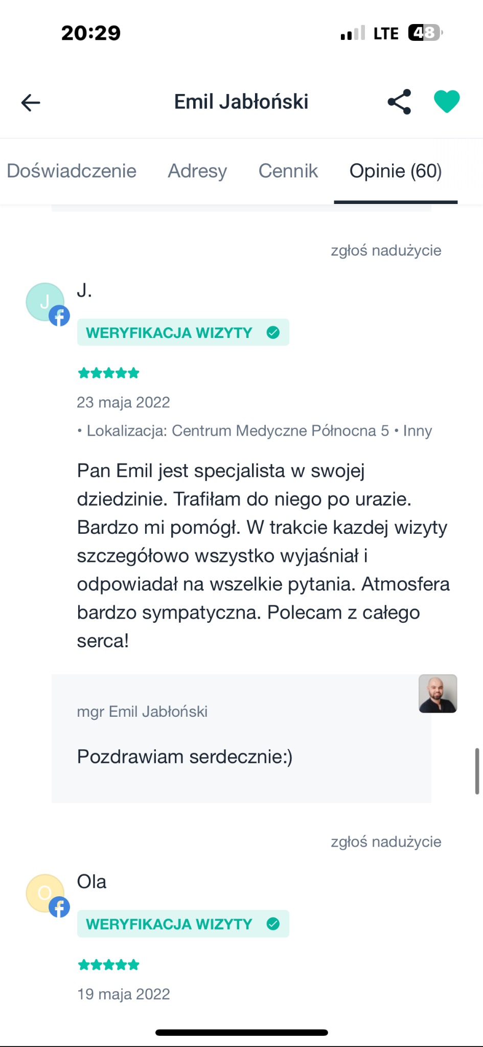 Opinie klientów dla mgr. Emila Jabłońskiego, z oceną 5 gwiazdek i pozytywnymi komentarzami o wizycie w Centrum Medycznym Północna 5.