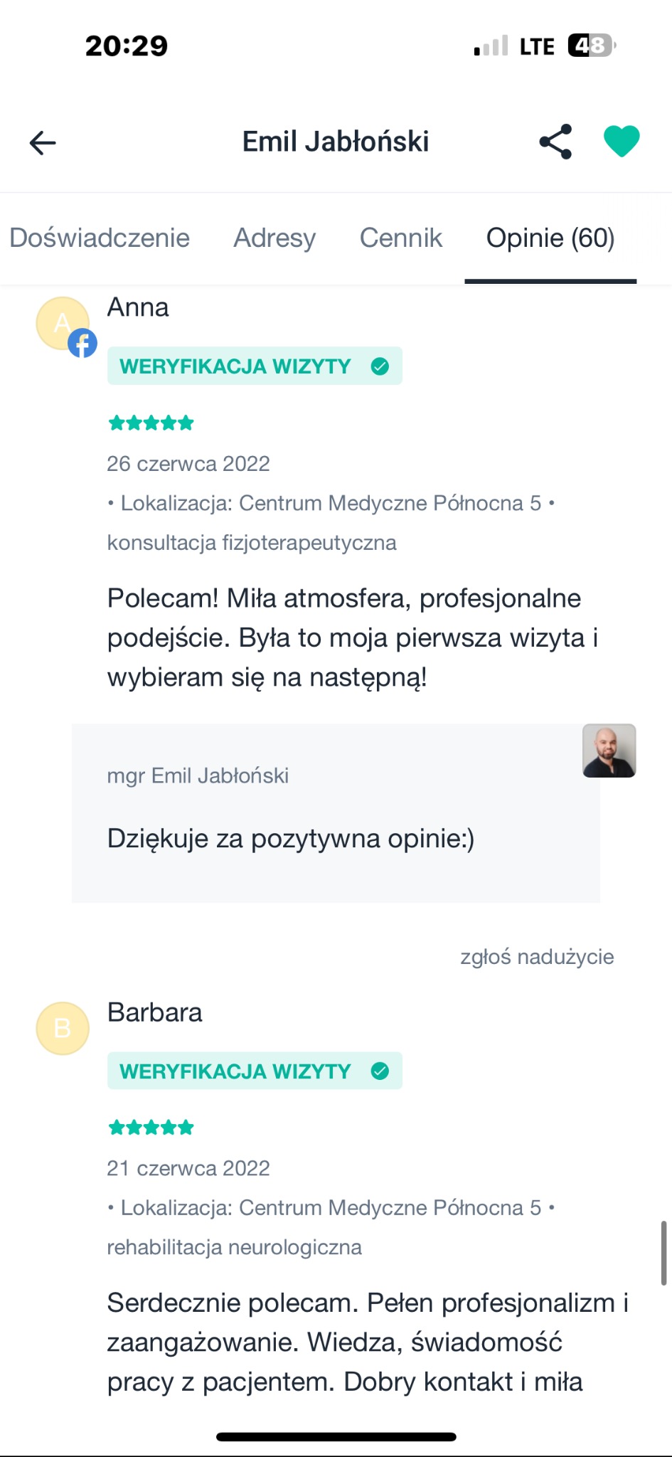 Opinie klientów o konsultacji fizjoterapeutycznej w Centrum Medycznym Północna 5. Pozytywne oceny i rekomendacje z werfikacją wizyty.