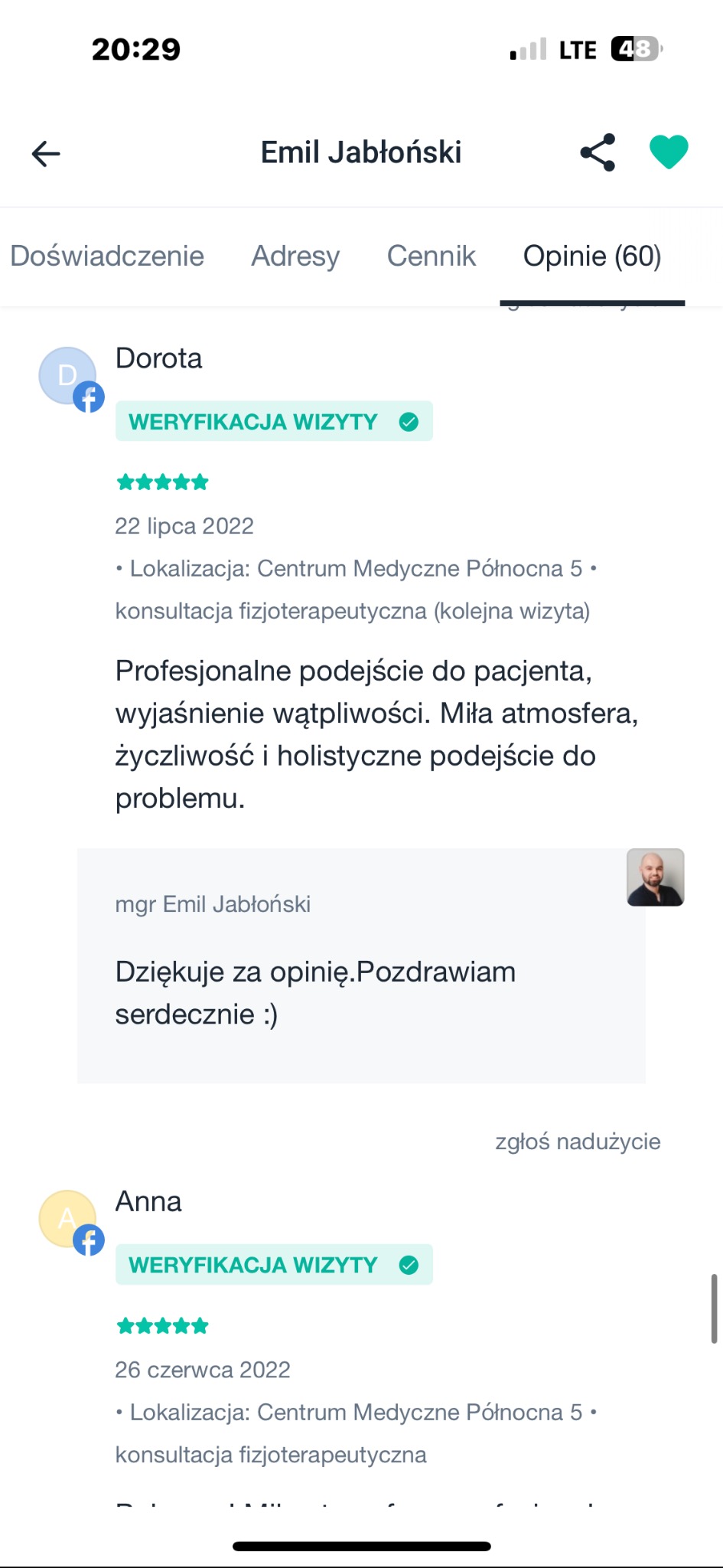 Opinie klientów o konsultacji fizjoterapeutycznej w Centrum Medycznym Północna 5, potwierdzone zweryfikowaną wizytą. Profesjonalne podejście i miła atmosfera.