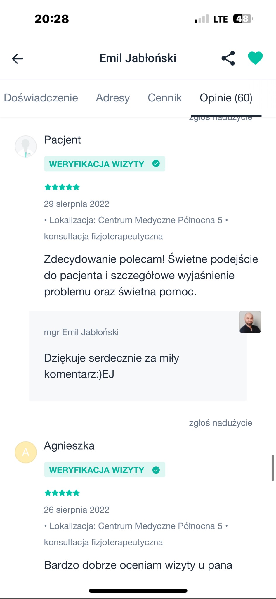 Opinie pacjentów o konsultacjach fizjoterapeutycznych Emila Jabłońskiego, w tym zweryfikowane wizyty i pozytywne komentarze dotyczące podejścia do pacjenta.