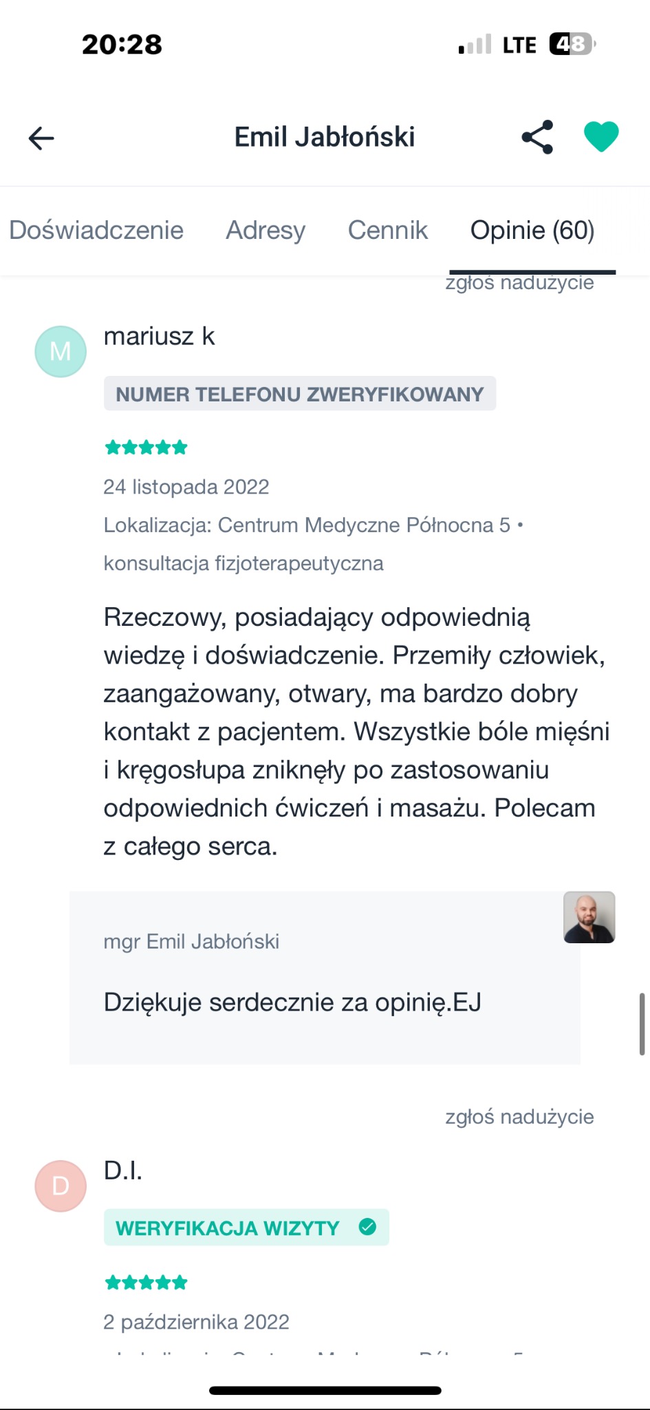 Opinia klienta 'mariusz k' o konsultacji fizjoterapeutycznej u mgr. Emila Jabłońskiego, z informacją o zweryfikowanym numerze telefonu i ocenie 5 gwiazdek.