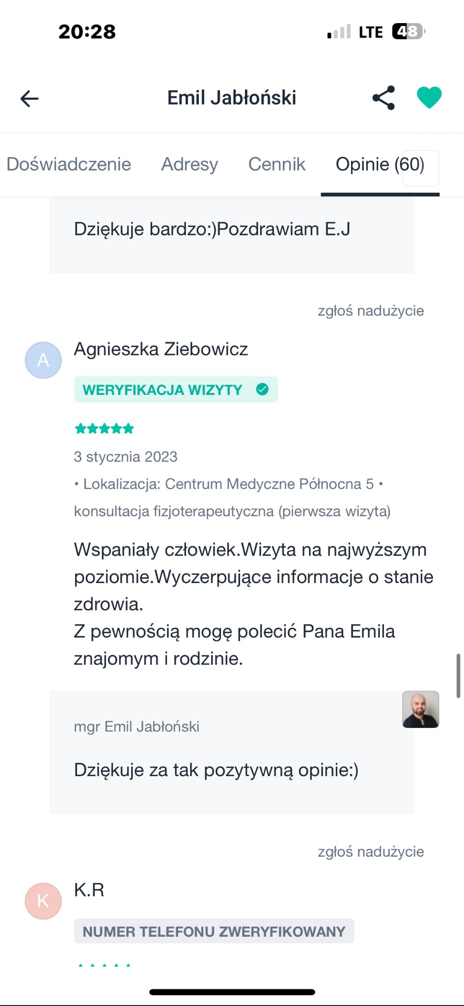 Opinia klientki Agnieszki Ziebowicz po konsultacji fizjoterapeutycznej w Centrum Medycznym Północna 5, z podziękowaniem od mgr. Emila Jabłońskiego.
