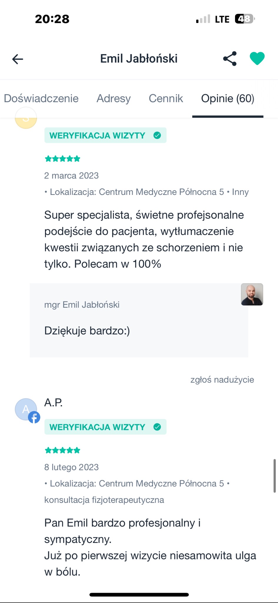 Opinie pacjentów o fizjoterapeucie Emilu Jabłońskim z weryfikacją wizyty, wysokie oceny i pozytywne komentarze o profesjonalizmie i skuteczności terapii.