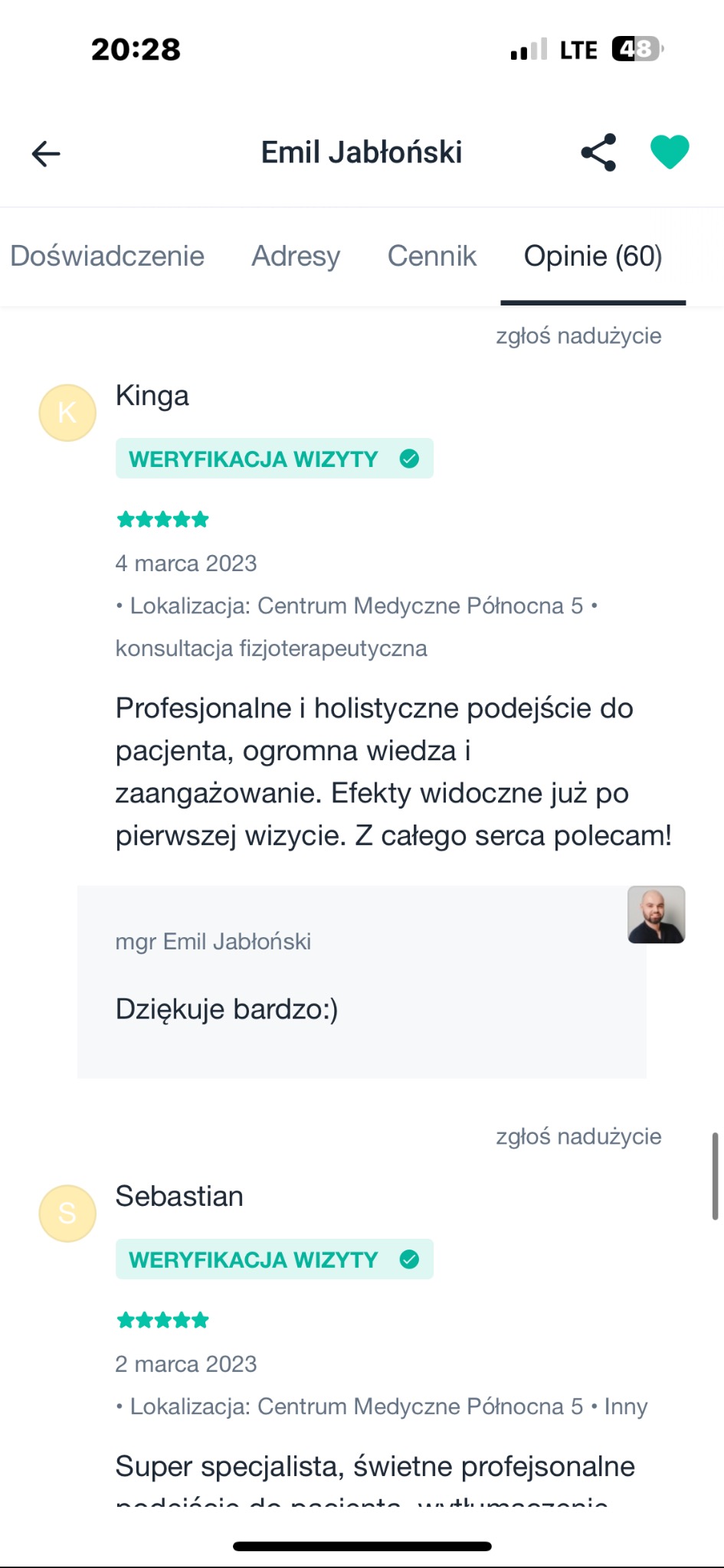 Opinie klientów o konsultacji fizjoterapeutycznej w Centrum Medycznym Północna 5, potwierdzone weryfikacją wizyty. Pozytywne recenzje podkreślają profesjonalizm i zaangażowanie.