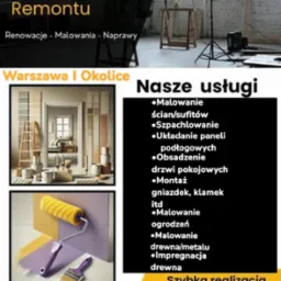 Grafika reklamowa firmy remontowej z Warszawy i okolic, oferującej malowanie, szpachlowanie, układanie paneli, obsadzanie drzwi, montaż gniazdek i impregnację drewna, z numerem telefonu kontaktowym.