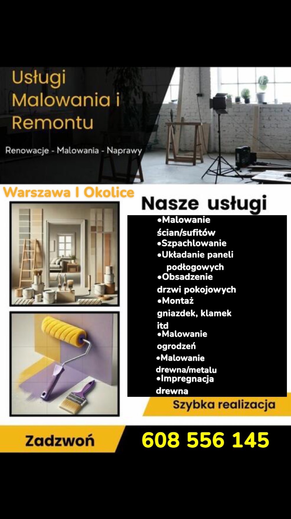 Grafika reklamowa firmy remontowej z Warszawy i okolic, oferującej malowanie, szpachlowanie, układanie paneli, obsadzanie drzwi, montaż gniazdek i impregnację drewna, z numerem telefonu kontaktowym.