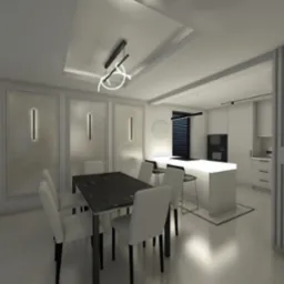 Wnętrze jadalni z aneksem kuchennym w odcieniach bieli i szarości. Widoczny stół z krzesłami, wyspa kuchenna i dekoracyjne panele ścienne z oświetleniem.