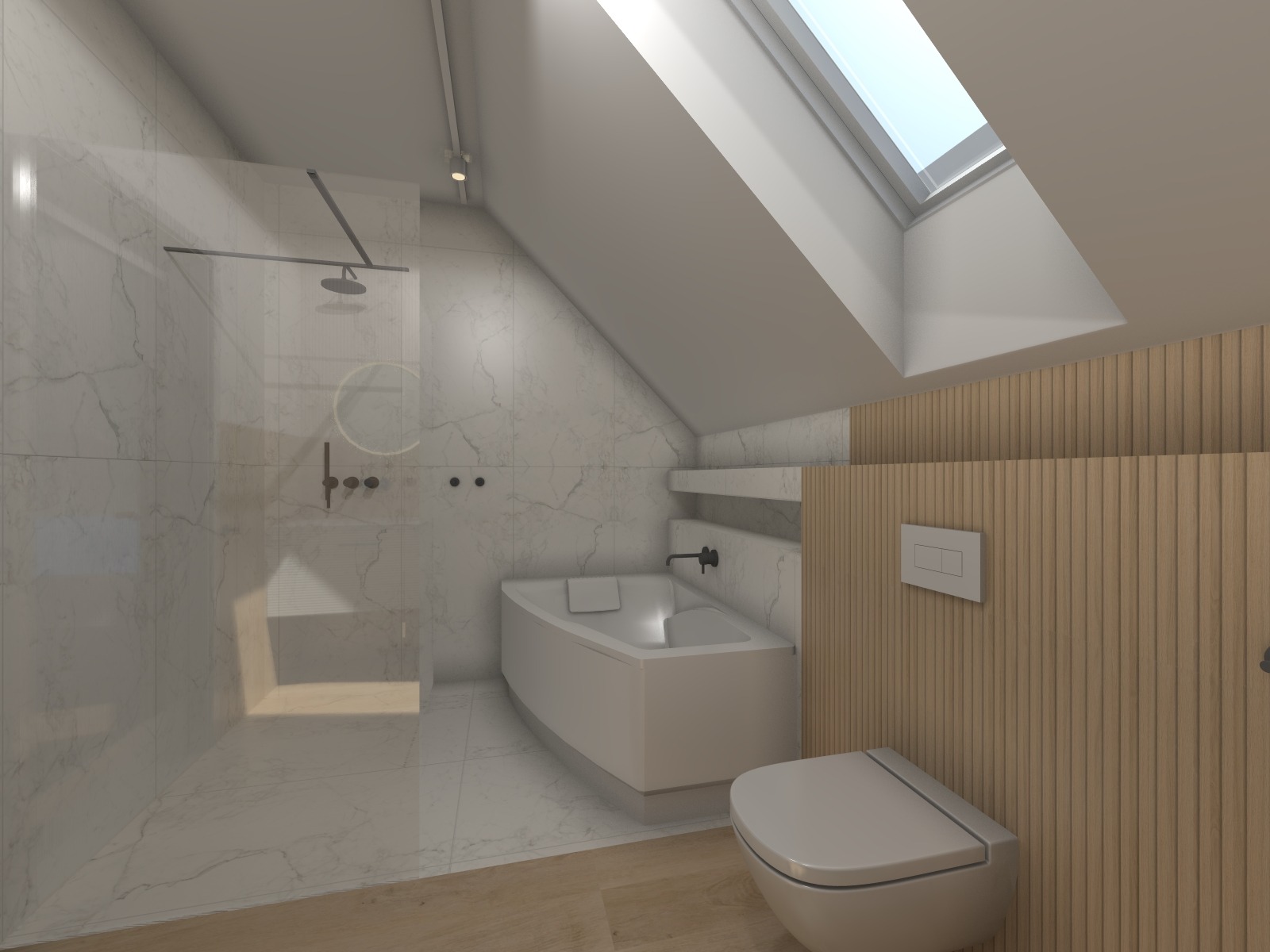 Wizualizacja łazienki na poddaszu z kabiną prysznicową typu walk-in, wanną i toaletą. Marmurowe ściany i drewniane panele. Okno dachowe wpuszcza naturalne światło.