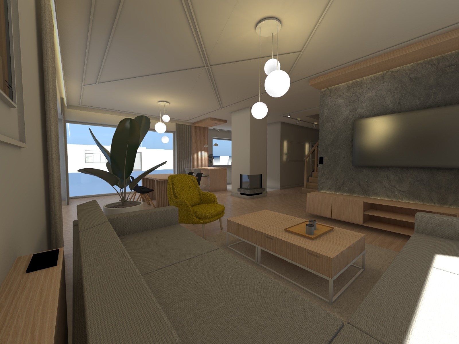 Wnętrze salonu z kanapą, stolikiem kawowym i zielonym fotelem na tle okna. Widoczne oświetlenie sufitowe i elementy dekoracyjne, tworzące spójną aranżację.