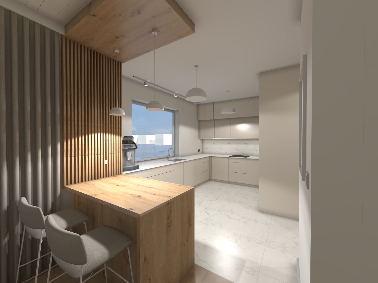 Wizualizacja jasnej kuchni z drewnianym barkiem i lamelami. Minimalistyczny design, marmurowe podłogi, nowoczesne oświetlenie. Widok na okno z zabudową miejską.