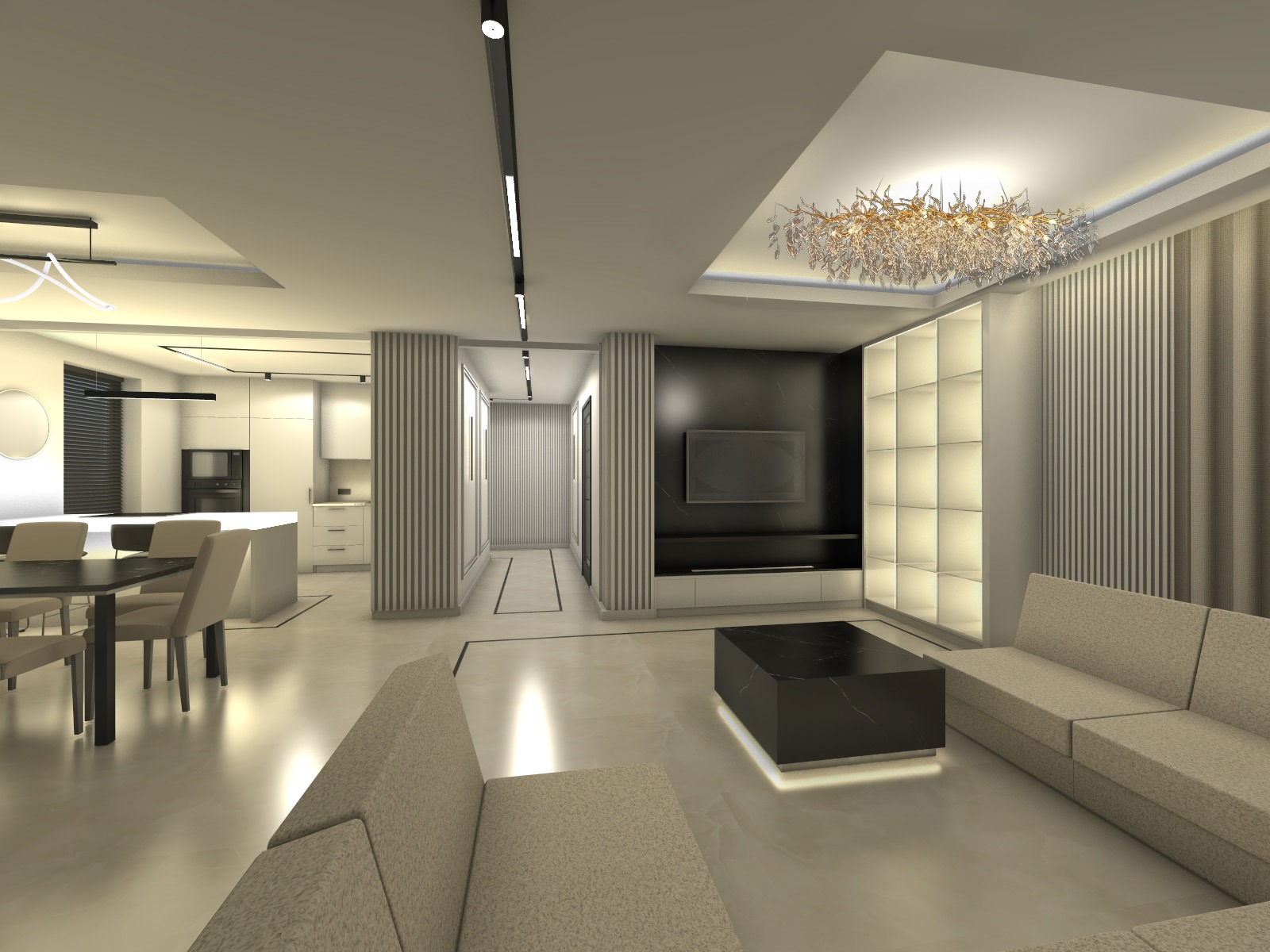 Nowoczesne wnętrze: salon z jadalnią w stonowanej kolorystyce, z dekoracyjnym oświetleniem i minimalistycznymi meblami. Widok na kuchnię i przedpokój.