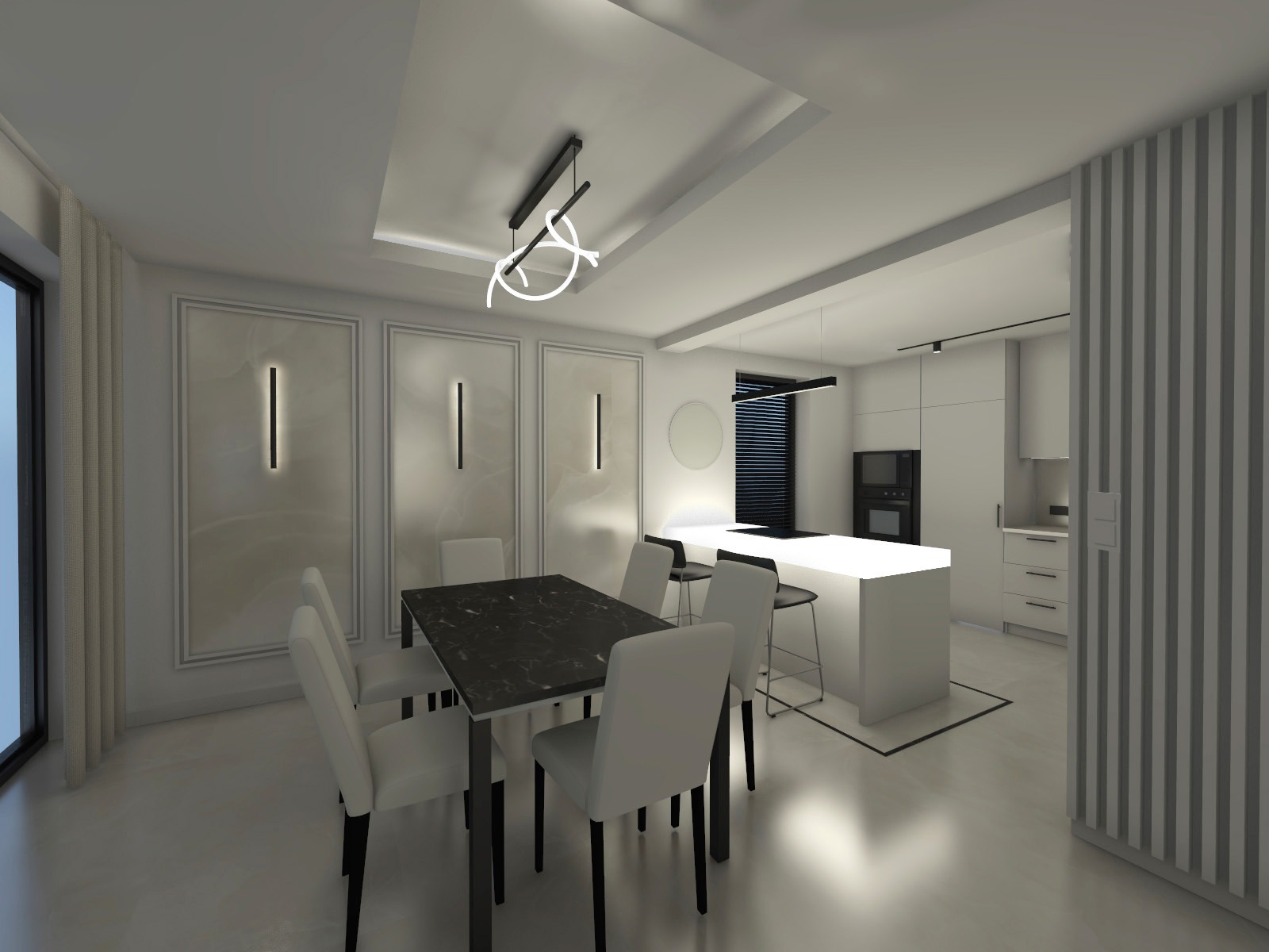 Wnętrze jadalni z aneksem kuchennym w odcieniach bieli i szarości. Widoczny stół z krzesłami, wyspa kuchenna i dekoracyjne panele ścienne z oświetleniem.