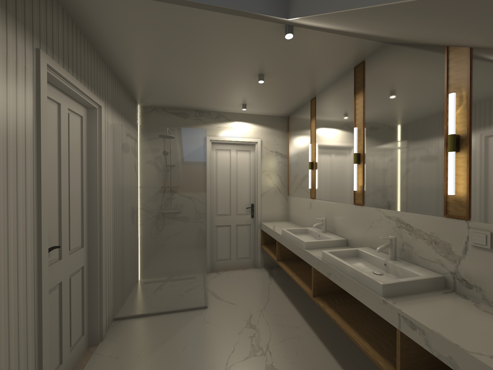 Elegancka łazienka z marmurowymi ścianami, podwójną umywalką i dużym lustrem z oświetleniem. Minimalistyczny design z akcentami drewna.