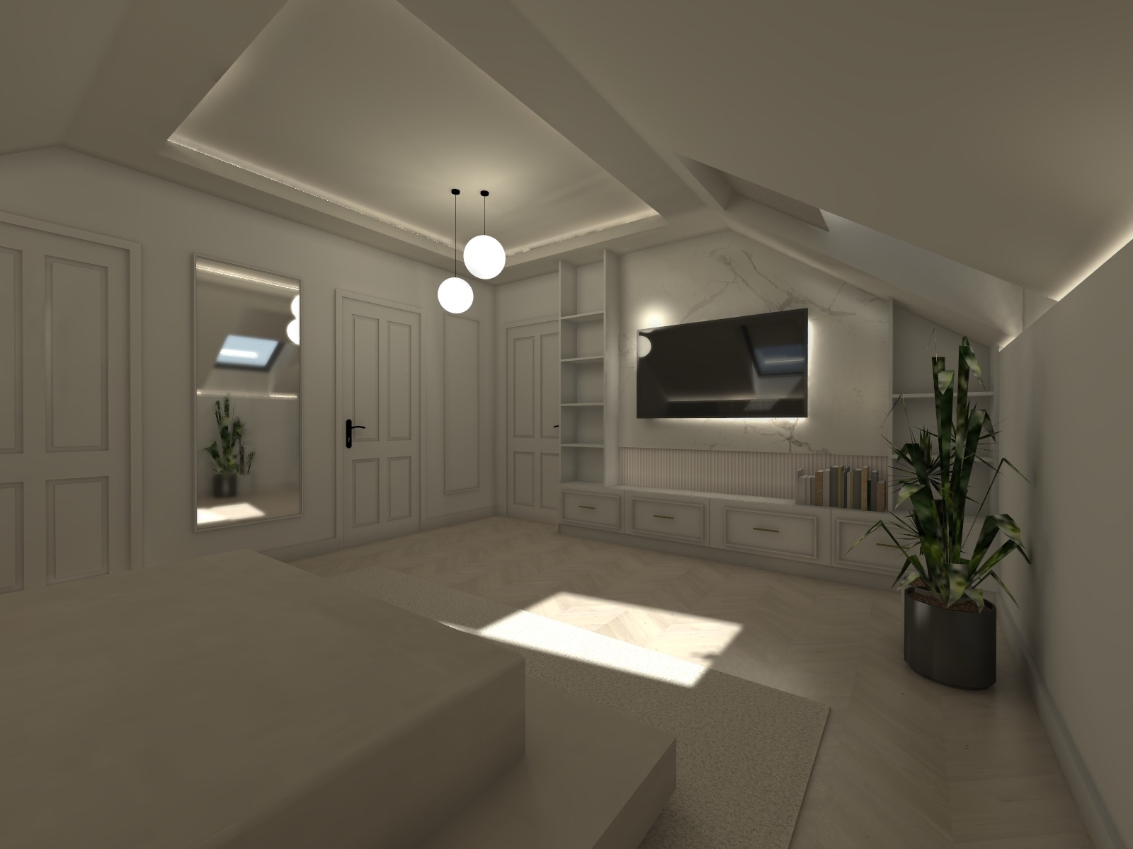 Wnętrze pokoju na poddaszu z telewizorem na ścianie z marmurowym wzorem, oświetleniem LED i rośliną doniczkową. Widoczne drzwi i lustro.