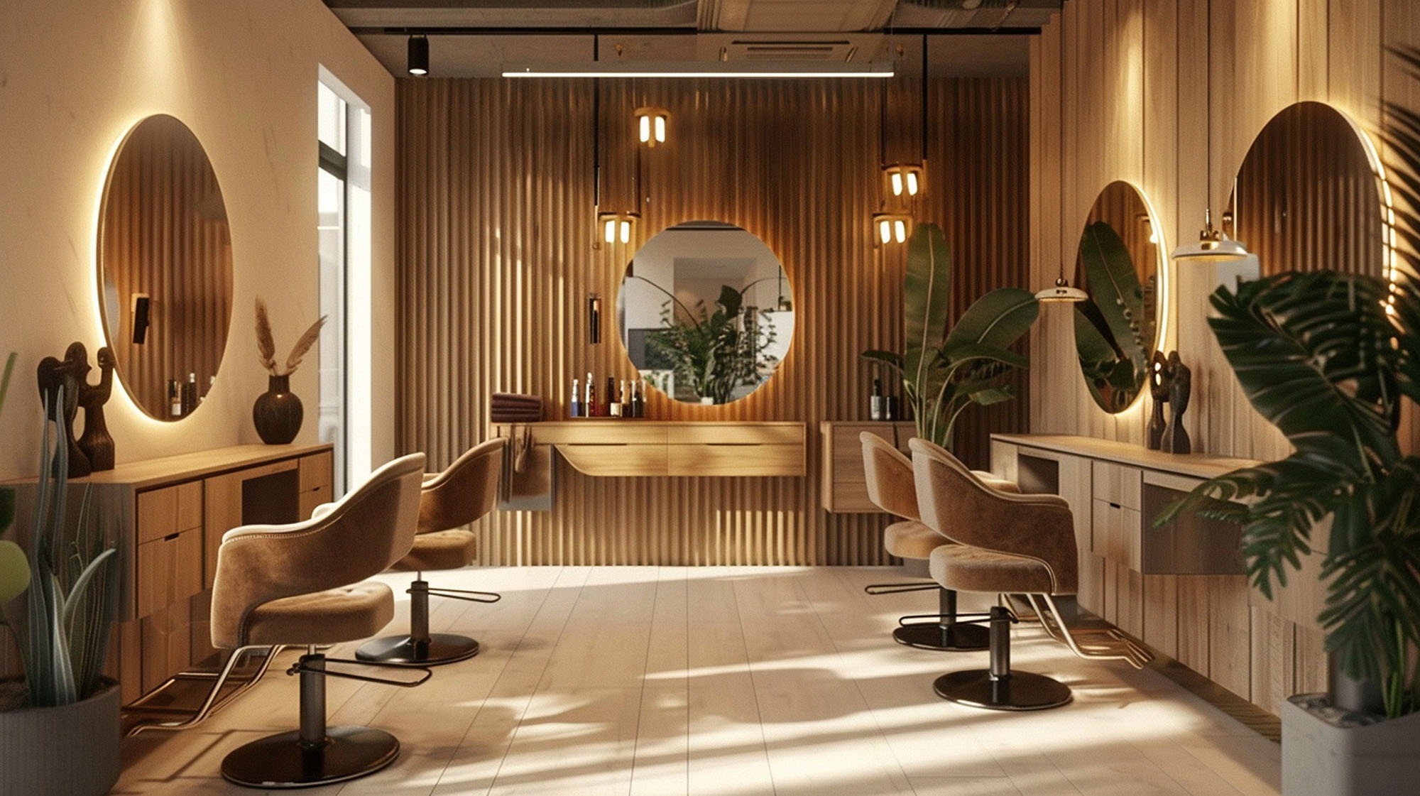 Nowoczesne wnętrze salonu fryzjerskiego z drewnianymi panelami, okrągłymi lustrami z podświetleniem LED i wygodnymi fotelami. Minimalistyczny design z roślinami.