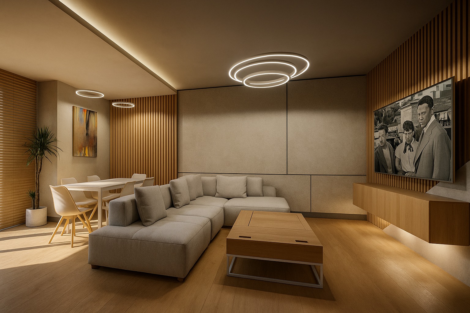 Jasne wnętrze z narożną sofą, drewnianym stołem i telewizorem. Na ścianie pionowe panele. Okrągłe lampy sufitowe. Minimalistyczny design.