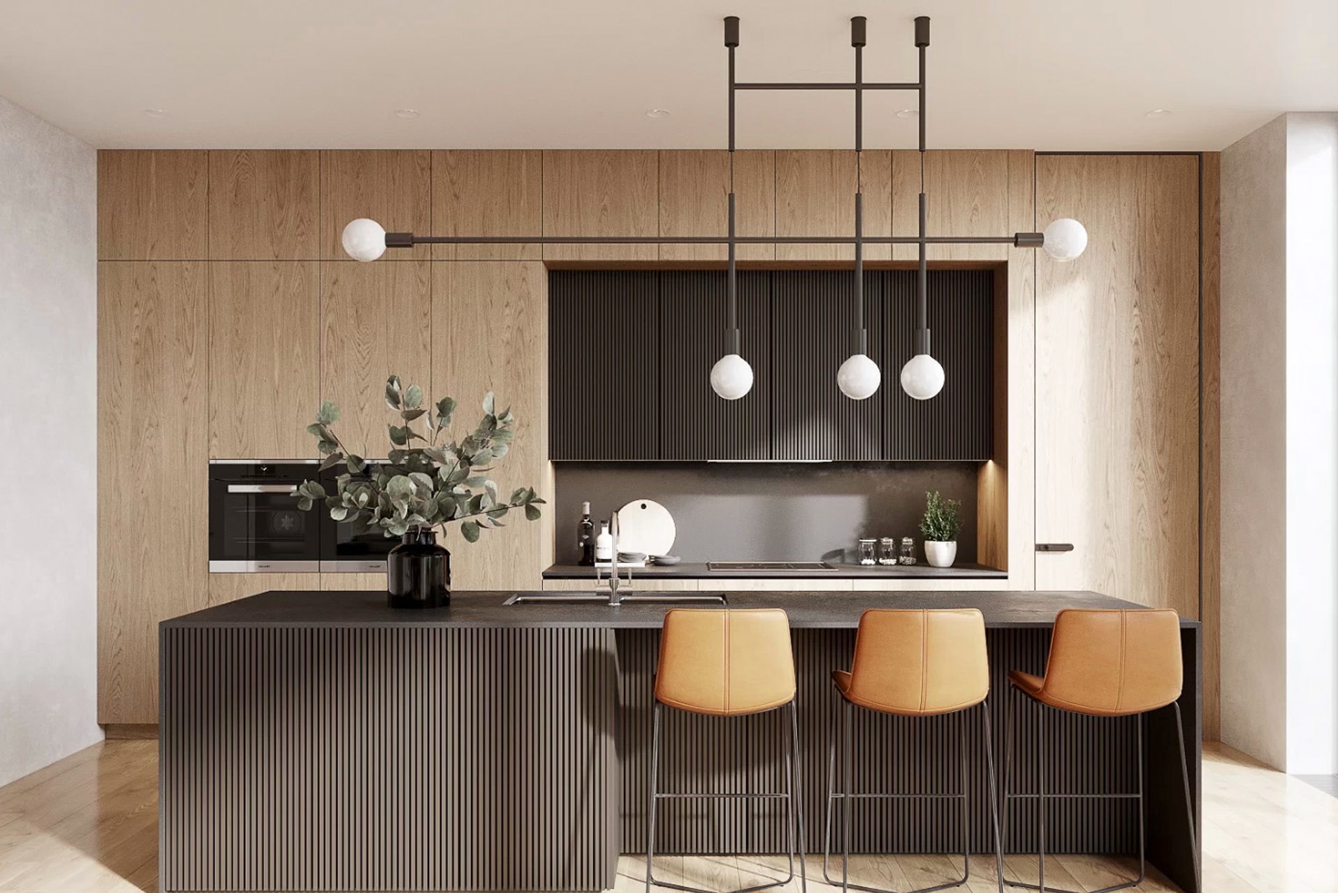 Nowoczesna kuchnia z drewnianymi frontami, wyspą z ryflowanym wykończeniem i designerskim oświetleniem. Minimalistyczny styl, ciepłe barwy, eleganckie krzesła barowe.